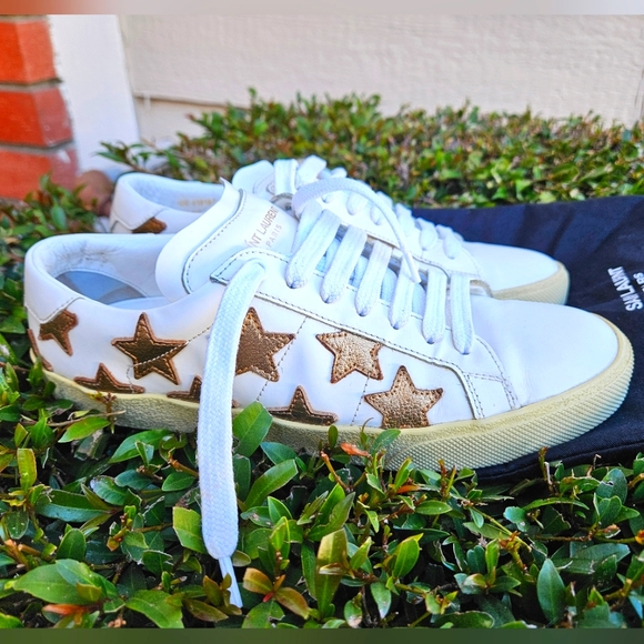 Saint Laurent Paris White/Gold Leather Star Alpha Low Top Sneakers Size 38 - Picture 2 of 10